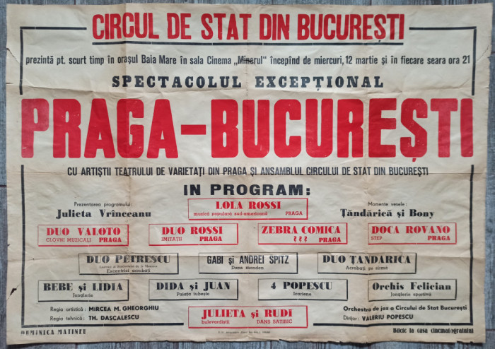 Afis Circul de Stat din Bucuresti, spectacol exceptional in Baia Mare 1958