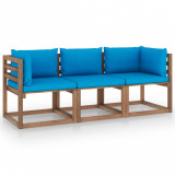 Canapea din paleti de gradina, 3 locuri, perne bleu, lemn pin GartenMobel Dekor, vidaXL