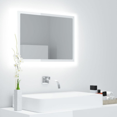 Oglindă de baie cu LED, alb extralucios, 60x8,5x37 cm, acril foto