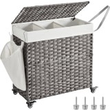 SONGMICS Cos de rufe tesut manual, cu captuseala detasabila lavabila, 3 compartimente, stil ratan, 140 litri, 66x33x60 cm, gri Household NewTrend