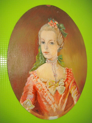 9431-Tablou Maria Antoaneta de Habsburg-tablou mic oval 1980 pictat ulei/carton. foto