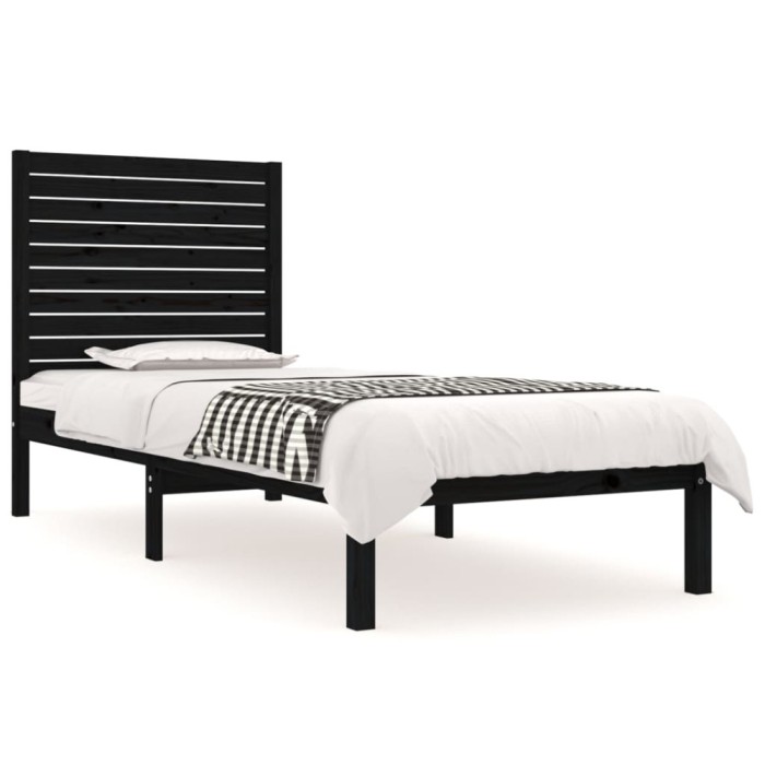 Cadru de pat mic single, negru, 75x190 cm, lemn masiv