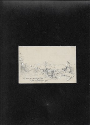 Vedere de pe front, feldpost karte 1917 &amp;quot;In transeele padurilor din Carpati&amp;quot; foto