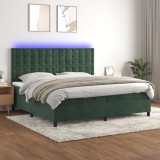 VidaXL Pat cu arcuri, saltea și LED, verde &icirc;nchis, 200x200 cm, catifea