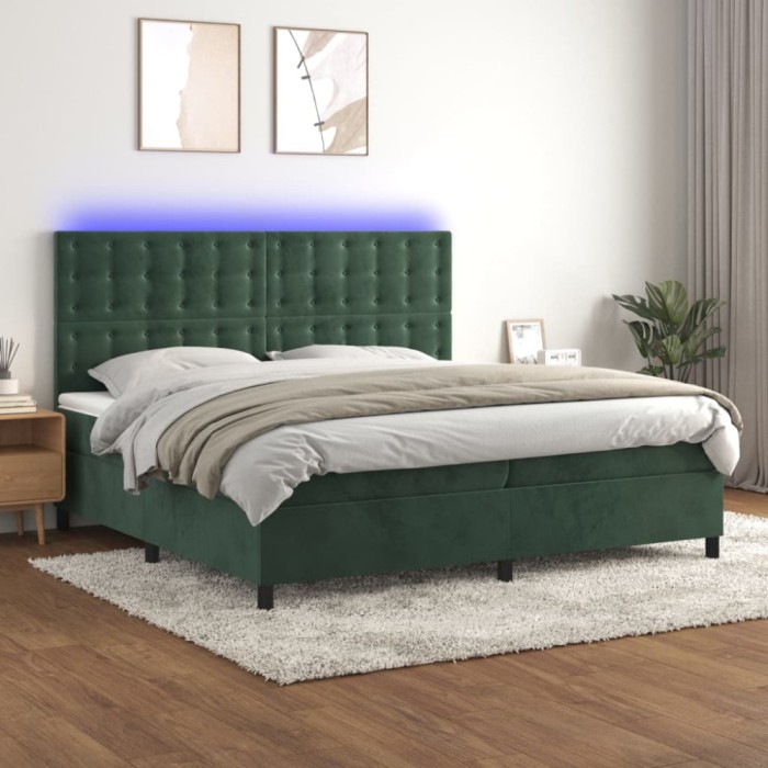 vidaXL Pat cu arcuri, saltea și LED, verde &icirc;nchis, 200x200 cm, catifea 3136386