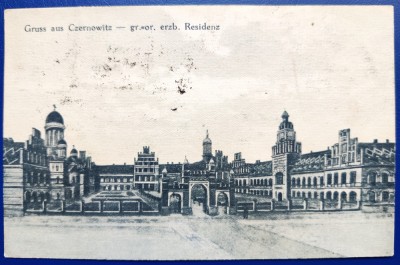 Bucovina - 1921 - Cernauti Gruss aus Czernowitz - gr.= or. erzb. Residenz - printata, circulata la Poiesti, 3 timbre intacte, Editura leon Konig foto