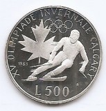 San Marino 500 Lire (1988 Winter Olympics) 35) Argint 11g/835, PROOF, KM-216