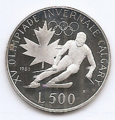 San Marino 500 Lire (1988 Winter Olympics) 35) Argint 11g/835, PROOF, KM-216 foto