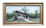 Cumpara ieftin Tablou peisaj de vara cu casa taraneasca pictat manual inramat, 45x25cm ulei pe panza, rama din lemn, Geo Ungureanu