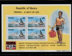 Nauru 1981-Expo WIPA,nave,pescar,bloc dantelat 4 timbre,MNH,Mi.Bl.4 foto