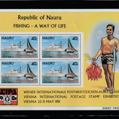 Nauru 1981-Expo WIPA,nave,pescar,bloc dantelat 4 timbre,MNH,Mi.Bl.4