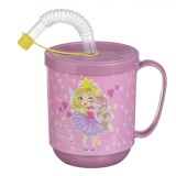 Pahar Plastic, Model Little Princess, Culoare Roz, Capacitate 350ml, Cu Pai și M&acirc;ner, Oem