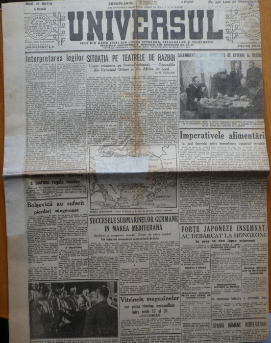 Ziarul Universul, 22 decembrie 1941, Ion Antonescu decoreaza eroii raniti