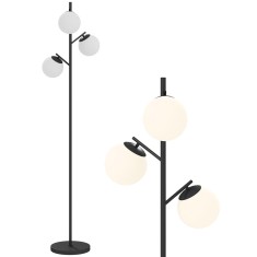 HOMCOM Lampadar de podea &icirc;n metal cu 3 abajururi globe din sticlă mată albă 40W &Oslash; 27 x 169 cm negru | Aosom Romania