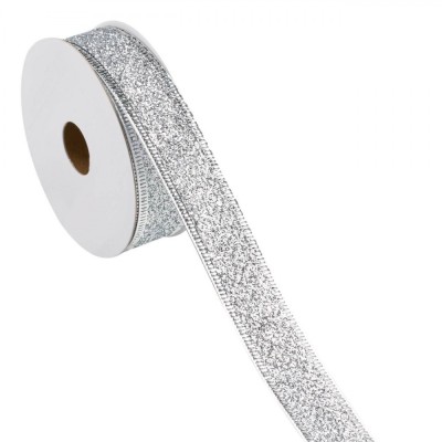 Panglică Brad Crăciun, Glitter Argintiu, Nailon, Lungime 5m, Lățime 22mm foto