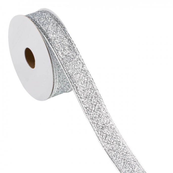 Panglică Brad Crăciun, Glitter Argintiu, Nailon, Lungime 5m, Lățime 22mm