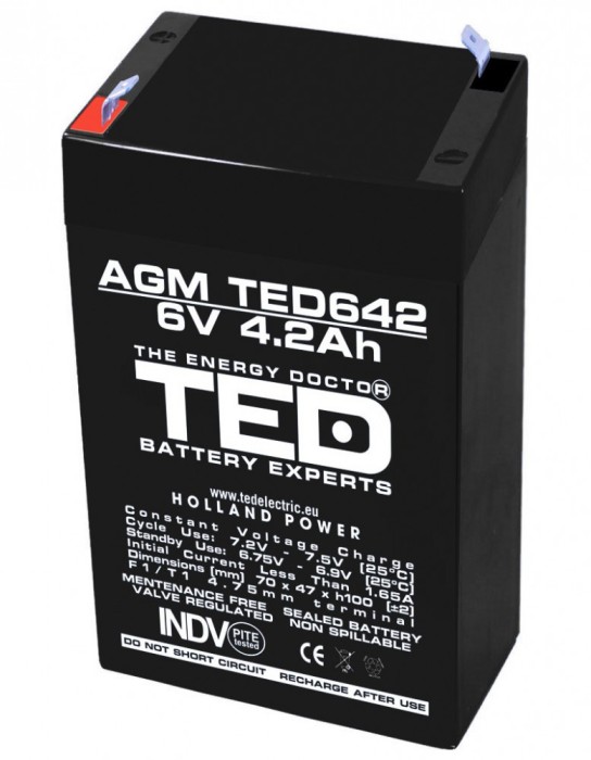 Acumulator AGM VRLA 6V 4,2A dimensiuni 70mm x 48mm x h 101mm F1 TED Battery Expert Holland TED002914 (20) SafetyGuard Surveillance