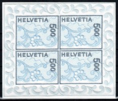 Elvetia 2000, Mi #1726 Klb, timbru brodat pe satin in bloc de 4, autoadeziv, St. Gallen, MNH, cota 200 &euro;!