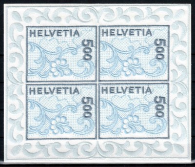 Elvetia 2000, Mi #1726 Klb, timbru brodat pe satin in bloc de 4, autoadeziv, St. Gallen, MNH, cota 200 &amp;euro;! foto