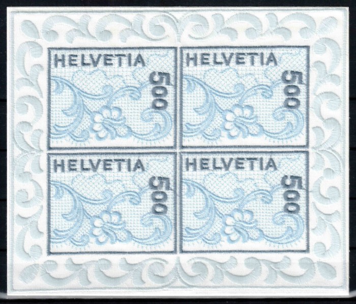Elvetia 2000, Mi #1726 Klb, timbru brodat pe satin in bloc de 4, autoadeziv, St. Gallen, MNH, cota 200 &euro;!