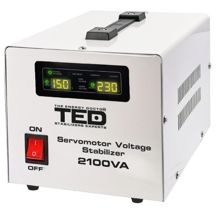 Stabilizator tensiune monofazat 1.2KW 1200W cu ServoMotor si 2 iesiri Schuko + ecran LCD cu valorile tensiunii, TED Electric TED000132