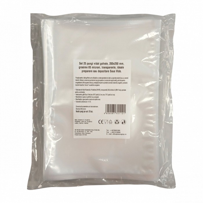 Pungi vidat gofrate, 200x250 mm, grosime 85 microni, transparente set 25 bucati
