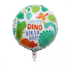 Balon din folie metalizata, flippy, mini figurina rotunda, model happy birthday cu dinozauri, tema aniversare, 45 cm, ambalaj individual, pai inclus,