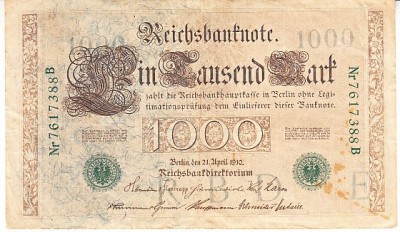 B11 1 - Bancnota foarte veche - Germania - 1000 marci - 1910 - serie cu verde foto