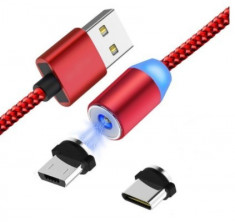 Cablu de Incarcare si Date Magnetic 3 in 1, Type C, Micro USB, Lighting, X-CABLE, 1 metru, Rosu foto