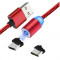 Cablu de Incarcare si Date Magnetic 3 in 1, Type C, Micro USB, Lighting, X-CABLE, 1 metru, Rosu