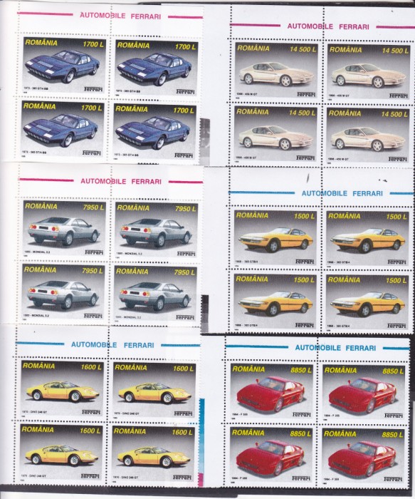 Romania 1999, LP 1499 in blocuri de 4, Automobile Ferrari, MNH!