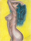 Aquarius - Portret erotic feminin pop art, grafica in pastel si creion cu lac protector, arta erotica 27 x 35 cm, certificat de autenticitate