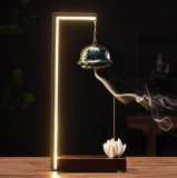 Fantana backflow 2 flori de lotus, suport conuri parfumate si betisoare, lumina led 50 cm