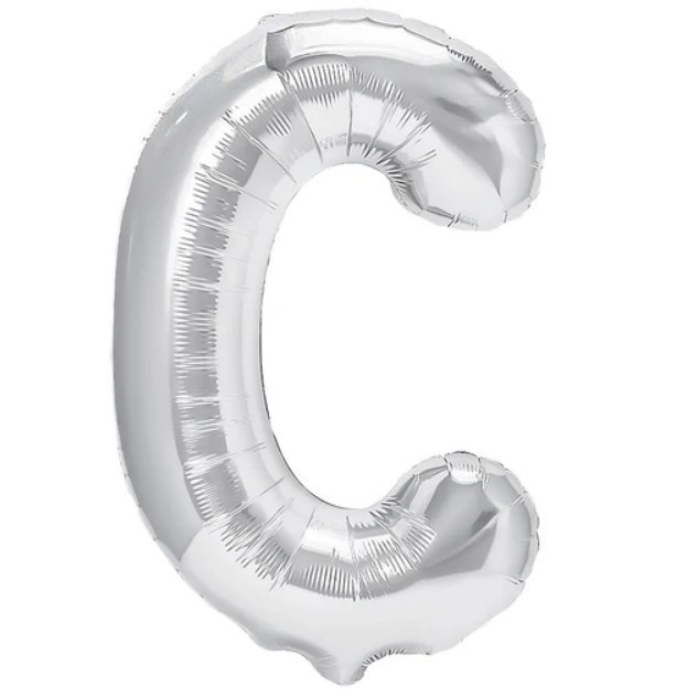 Balon folie metalizata litera c, flippy, 40 cm, umflati cu heliu sau aer, ambalaj individual, pai inclus, argintiu
