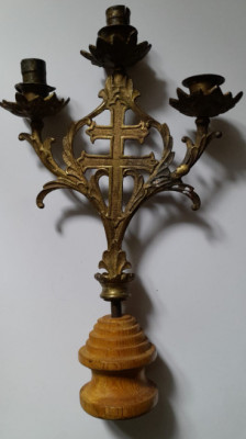 Sfesnic vechi cu cruce, sfesnic-crucifix, bronz masiv si postament lemn h 34 cm foto