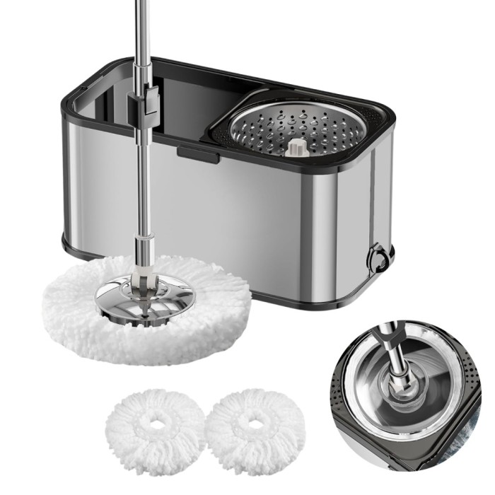Set DreamRamp galeata mop cu centrifuga din inox galeata patrata, finisaj lucios si orificiu de scurgerea a apei cu doua rezerve.Gri