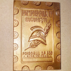 F502-Medalia POMPIERFILA-Foisorul de Foc Bucuresti 1986 bronz masiv aurit.