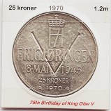 475 Norvegia 25 Kroner 1970 Olav V (Liberation) km 414 argint, Europa