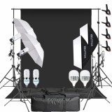 Cumpara ieftin Set studio 4 Trepiezi 2 Softbox cu Becuri Spiralate 150W 5500K, 2 Umbrele cu Becuri 80W, Suport Fundal Negru si 2 Genti Transport