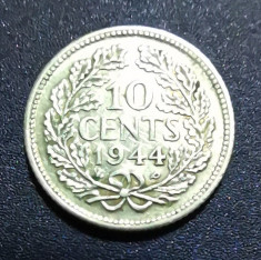 SV * Olanda 10 CENTS 1944 * ARGINT * Regina Wilhelmina * WWII * XF + + foto