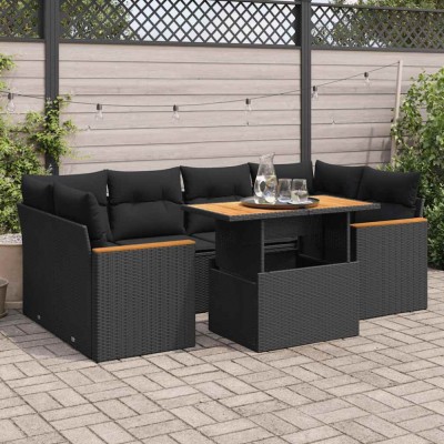 vidaXL Set mobilier grădină perne 6 piese negru poliratan/lemn acacia 3327450 foto