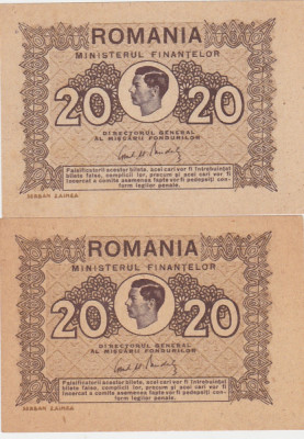ROMANIA 2 X 20 lei 1945 UNC VARIANTE DE CULOARE foto
