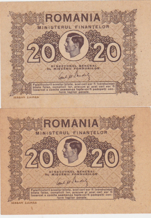 ROMANIA 2 X 20 lei 1945 UNC VARIANTE DE CULOARE