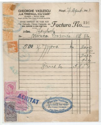 Romania, Gheorghe Vasilescu, &amp;quot;La trenul cu var&amp;quot;, Factura, Ploiesti, 1942 foto