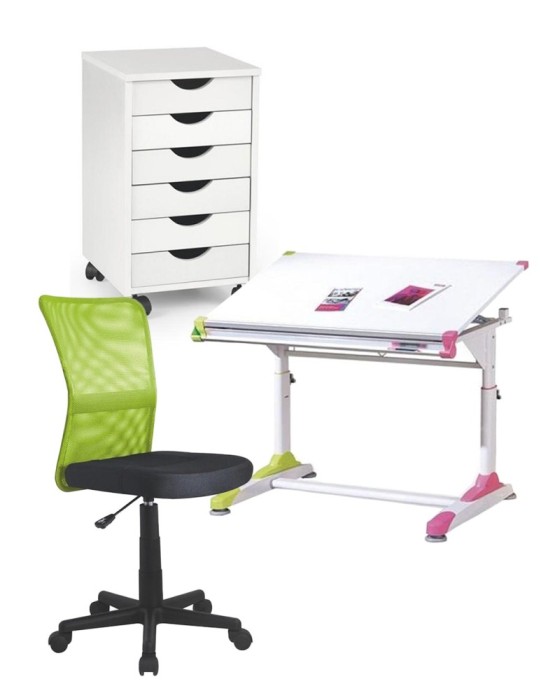 Set birou ergonomic HM Collorido inaltime reglabila, unghi inclinare ajustabil, cu scaun HM Dingo verde, mesh, 80 kg si dulapior rulant HM Simon 2, cu