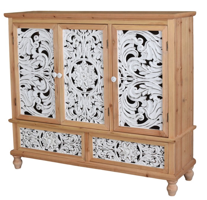 Cabinet Boho Style din lemn masiv natur cu decoratiuni albe VIC600