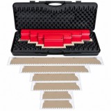Set 4 gletiere profesionale, lama inox zimti 10x10 mm, 25, 40, 60, 80 cm, cu lame de rezerva cu zimti, geanta, Ergolite, Olejnik