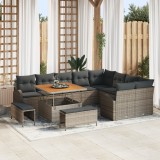Set de Canapea Grădină vidaXL cu Perne Gri Ratan Poli Acacia, Canapea Grădină vidaXL cu 2 Locuri cu Depozitare &amp; Perne Gri Ratan Poli, Set de Masă de