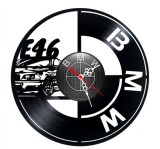 Ceas de perete decorativ realizat din disc de vinil, Model BMW Seria 3 E46 si Sigla Bavareza, Negru, 30 cm