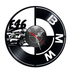 Ceas de perete decorativ realizat din disc de vinil, Model BMW Seria 3 E46 si Sigla Bavareza, Negru, 30 cm
